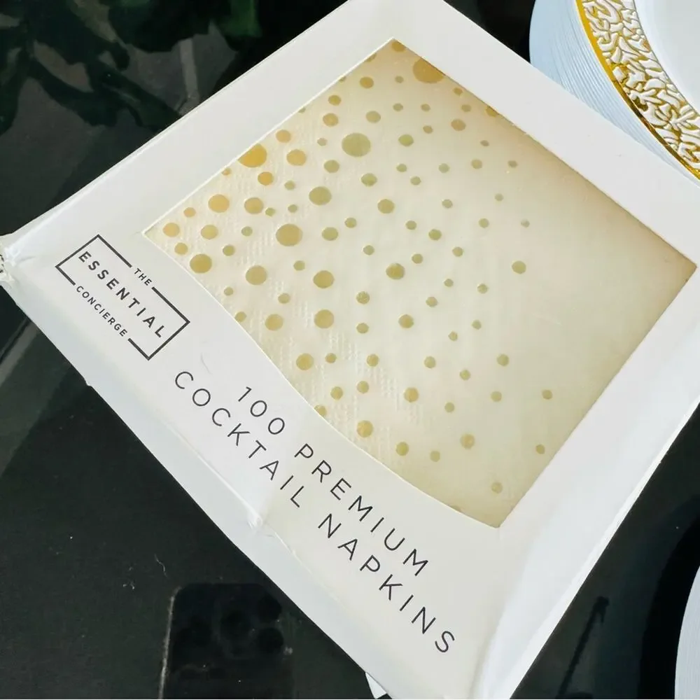 20 NEW Gold Swirl Rim White Plastic Disposable Party Plates Polka Dot Napkins